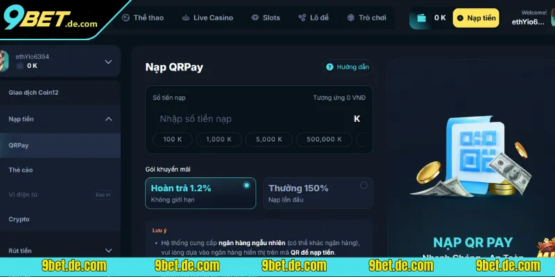 Hướng dẫn nạp tiền vào ví cá cược bằng QRPay trên hệ thống