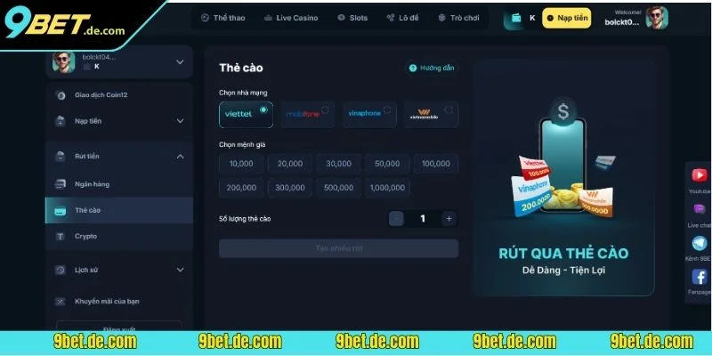 Hướng dẫn rút tiền qua thẻ cào tại 9BET